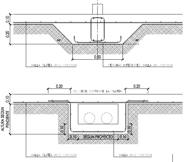 Plano de ingeniería de las vigas de encadenado y el canal sanitario de una platea de hormigón 
             armado de Steel Frame